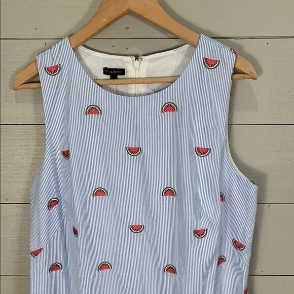 Talbots NWT seersucker Blue striped Watermelon embroidered dress size 14 $119 - Picture 2 of 12